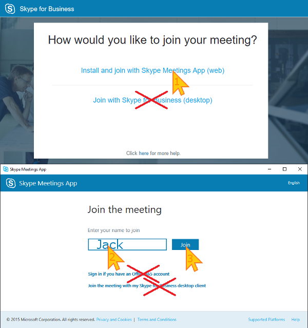 Instructions for choosing Skype for Business Web App